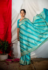 Handloom Light And Dark Blue Mushru Satin Banarasi Saree With Adda Tanchoi Meenakari